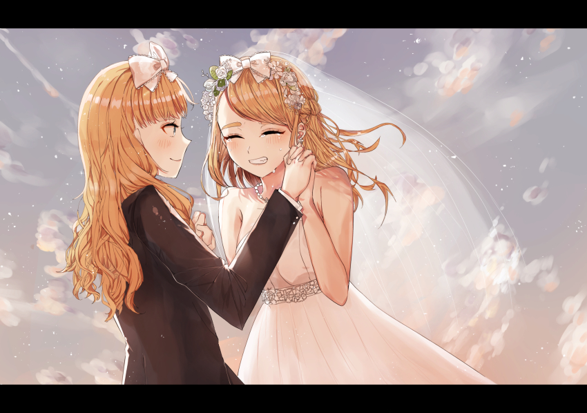 2girls, af_(user_hcyy5587), blonde_hair, bow, bridal_veil, bride, closed_eyes, dress, flower, gown, hair_bow, highres, holding_hands, incest, jessica_(jinrou_judgment), jewelry, jinrou_judgment, letterboxed, long_hair, multiple_girls, necklace, open_mouth, outdoors, sandra_(jinrou_judgment), siblings, sisters, sky, smile, strapless, strapless_dress, tears, tuxedo, twincest, twins, veil, wedding_dress, white_dress, wife_and_wife, yuri