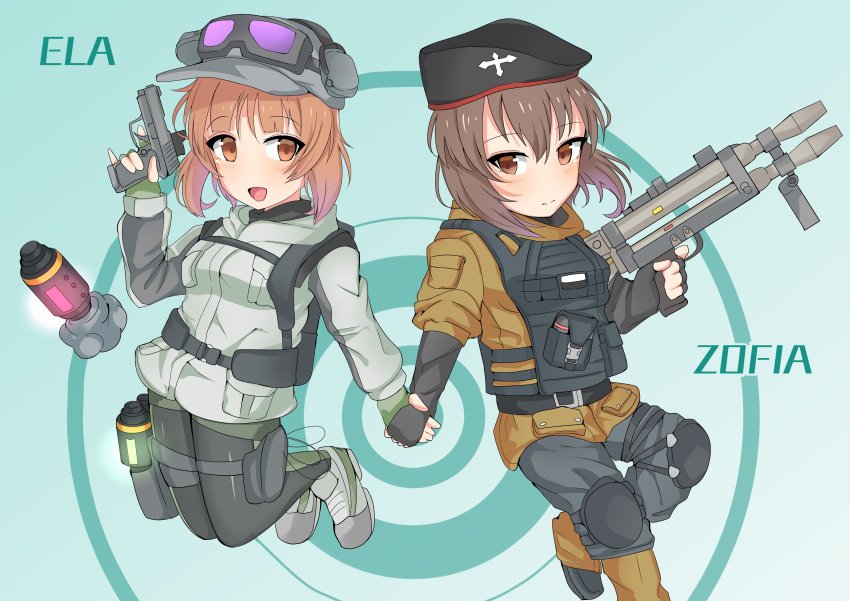 2girls, :d, absurdres, ankle_boots, beret, black_gloves, black_hat, black_legwear, black_pants, blush, body_armor, boots, brown_eyes, brown_hair, brown_jacket, character_name, closed_mouth, commentary_request, ela_(rainbow_six_siege), emblem, fingerless_gloves, girls_und_panzer, gloves, goggles, goggles_on_headwear, green_background, green_gloves, grey_footwear, grey_hat, grey_jacket, grey_shorts, gun, handgun, harness, hat, headphones, highres, holding, holding_gun, holding_hands, holding_weapon, holster, hood, hoodie, jacket, jumping, knee_pads, kshimu, light_blush, long_sleeves, looking_at_viewer, military_hat, multiple_girls, nishizumi_maho, nishizumi_miho, open_mouth, pants, pantyhose, pantyhose_under_shorts, partial_commentary, pinky_out, rainbow_six_siege, short_hair, short_shorts, shorts, siblings, sisters, smile, standing, target, thigh_holster, trigger_discipline, weapon, weapon_request, zofia_(rainbow_six_siege)
