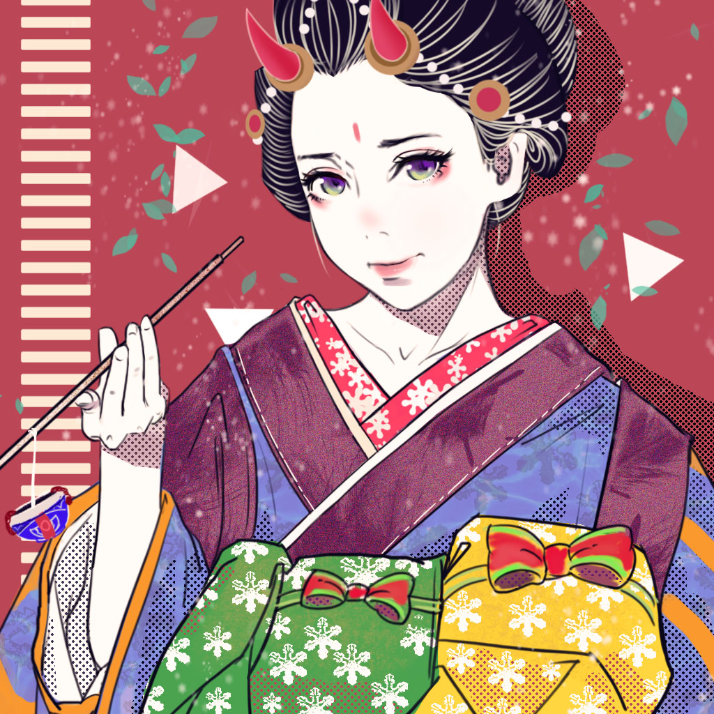 1girl, bad_id, bad_pixiv_id, black_hair, clothing_request, female_focus, gradient_eyes, green_eyes, halftone, horns, leaf, lips, looking_at_viewer, mouba_(onmyoji), multicolored_eyes, onmyoji, purple_eyes, qizhu, smile, solo, triangle