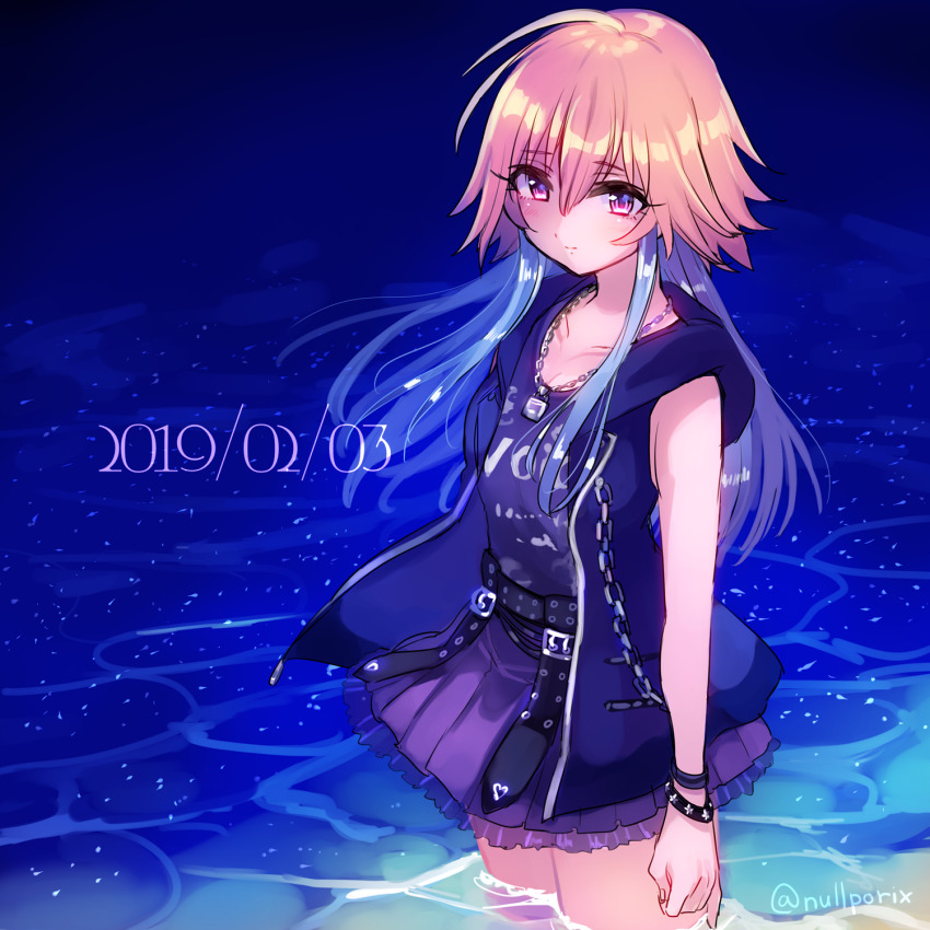 1girl, 2019, bad_id, bad_pixiv_id, blue_jacket, bracelet, brown_hair, collarbone