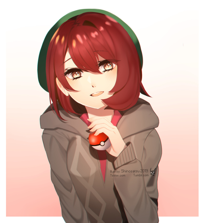 1girl, beret, blouse, brown_eyes, brown_hair, character_name, eyebrows, female_focus, gloria_(pokemon), hair_between_eyes, hat, head_tilt, highres, matching_hair/eyes, nintendo, open_mouth, poke_ball, poke_ball_(basic), pokemon, pokemon_sword_and_shield, red_shirt, shinosatsu, shirt, short_hair, solo, standing, sweater, watermark, web_address