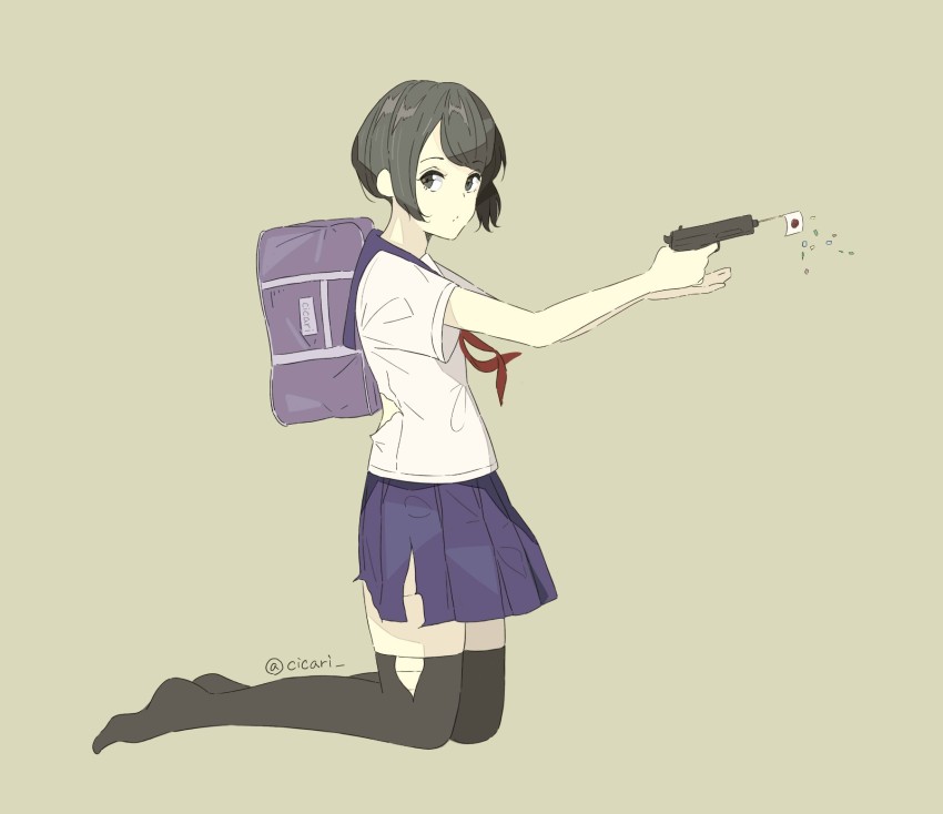 1girl, artist_name, bad_id, bad_pixiv_id, bag, beige_background, black_eyes, black_hair