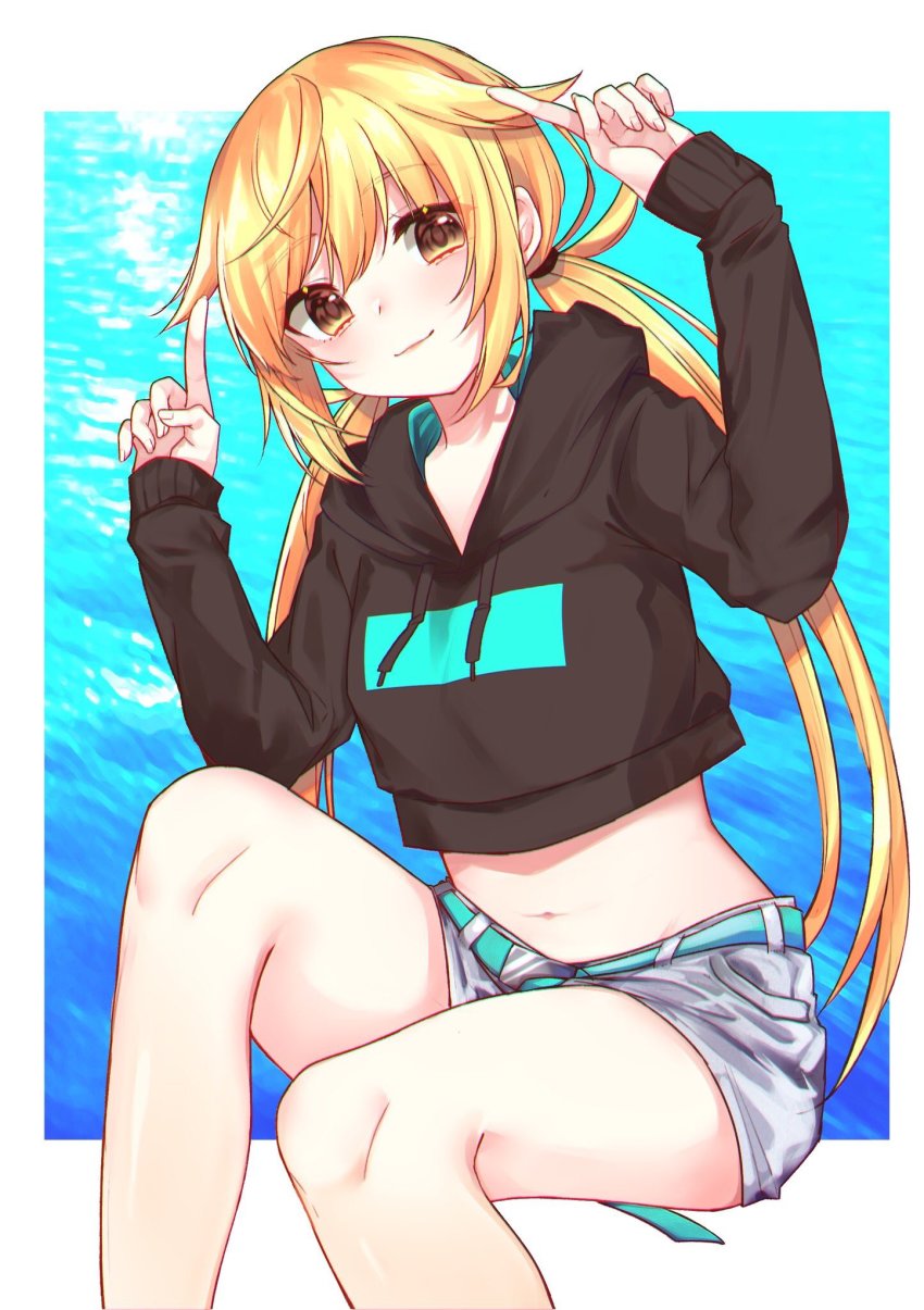 1girl, alternate_costume, bare_legs, belt, black_hoodie, blonde_hair, brown_eyes, closed_mouth