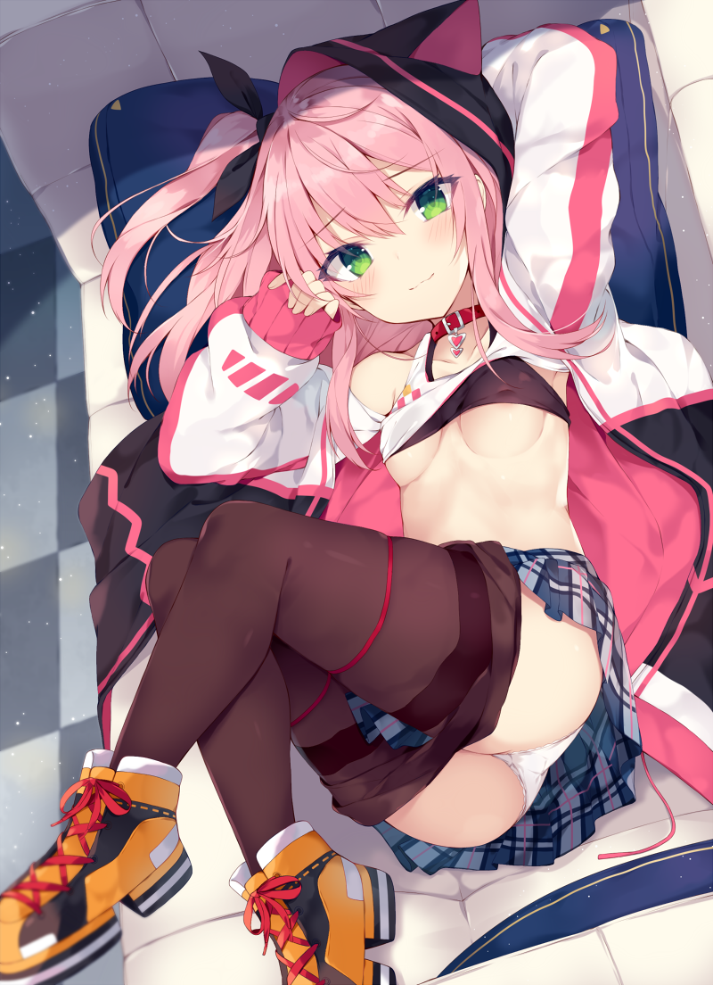 1girl, :3, animal_ears, animal_hood, arm_behind_head, arm_up, armpit_peek, ass