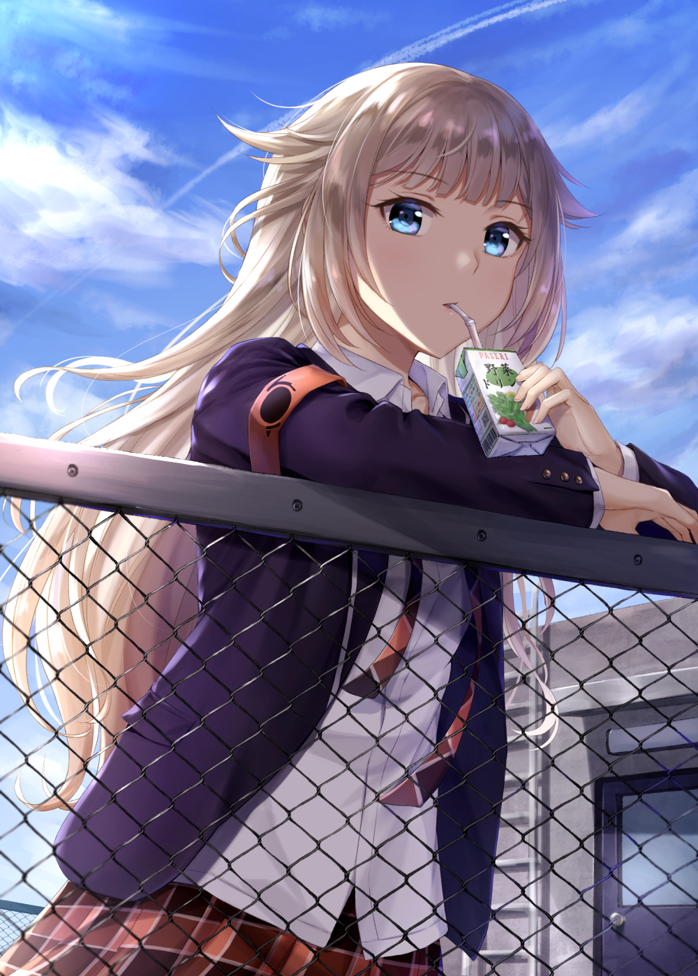 1girl, against_railing, alternate_costume, alternate_hair_length, alternate_hairstyle, black_jacket, blazer, blue_sky