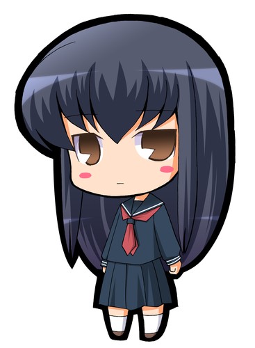 00s, bamboo_blade, blue_hair, blush, brown_eyes, chibi, lowres, pac-man_eyes