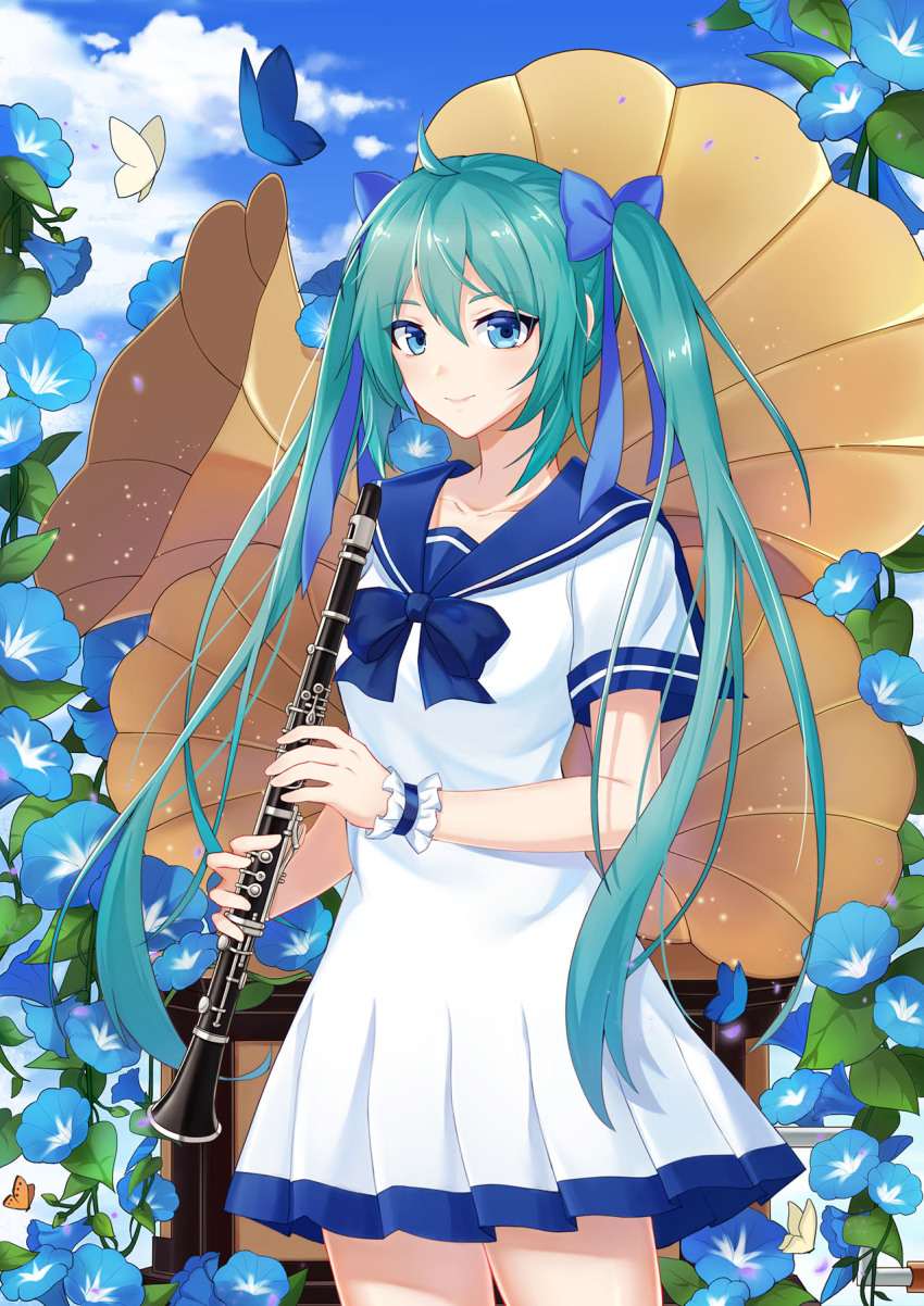 1girl, akipiz, aqua_eyes, aqua_hair, blue_eyes, blue_flower, blue_hair, blush, bug, butterfly, clarinet, detached_sleeves, dress, female_focus, flower, hair_ornament, hatsune_miku, highres, insect, instrument, long_hair, looking_at_viewer, necktie, pleated_skirt, sailor_collar, sailor_dress, sailor_shirt, shirt, skirt, sleeveless, sleeveless_shirt, smile, solo, twintails, vocaloid, white_shirt