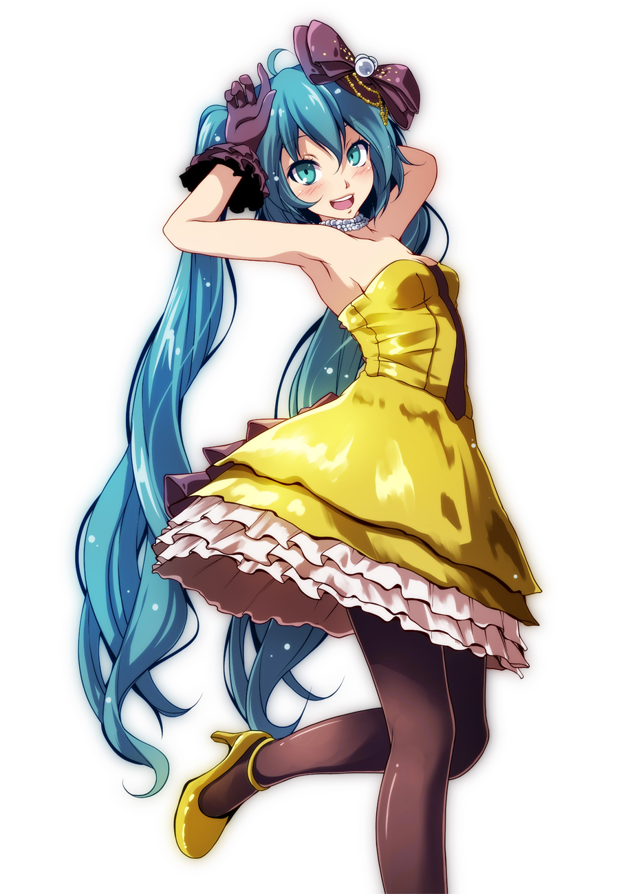 1girl, :d, ahoge, aqua_eyes, aqua_hair, armpits, artist_request, bed_sheet, black_pantyhose, blue_eyes, blue_hair, blush, bow, breasts, brown_bow, brown_gloves, brown_pantyhose, cleavage, dress, female_focus, frilled_dress, frills, gloves, hair_between_eyes, hair_bow, hair_ornament, hatsune_miku, hatsune_miku_(siren), highres, kochira_koufuku_anshin_iinkai_desu_(vocaloid), long_dress, long_hair, looking_at_viewer, open_mouth, pantyhose, pleated_skirt, shirt, shoes, simple_background, skirt, sleeveless, sleeveless_dress, sleeveless_shirt, small_breasts, smile, solo, standing, standing_on_one_leg, strapless, strapless_dress, teeth, tsukishiro_saika, twintails, upper_teeth_only, very_long_hair, vocaloid, white_background, yellow_dress, yellow_shoes