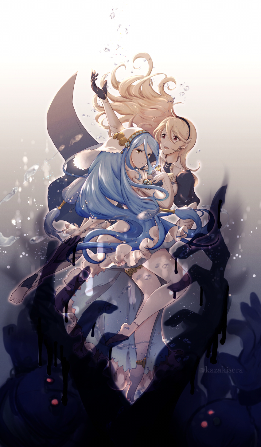 2girls, absurdres, air_bubble, anklet, arm_up, armor, artist_name, azura_(fire_emblem), barefoot, blonde_hair, blue_hair, bridal_gauntlets, bubble, female_corrin_(fire_emblem), detached_sleeves, dress, fire_emblem, fire_emblem_fates, hairband, highres, jewelry, kazaki_sera, long_hair, looking_at_viewer, monster, multiple_girls, nintendo, open_hand, open_mouth, outstretched_arm, pointy_ears, serious, underwater, very_long_hair, white_dress, yellow_eyes