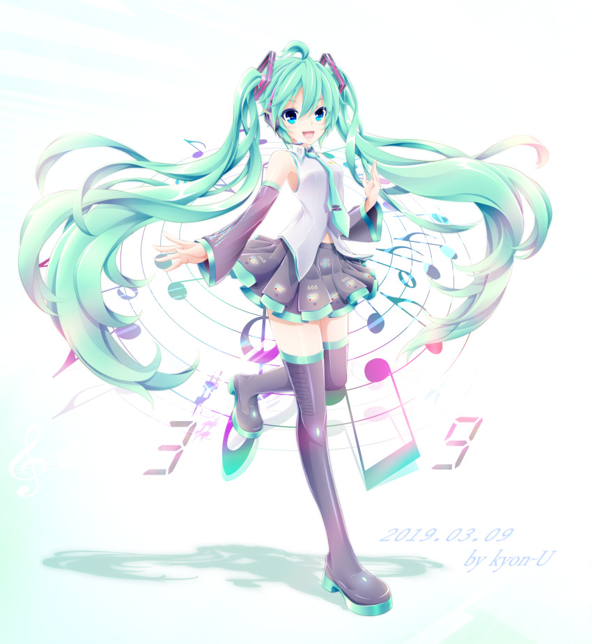 1girl, 39, absurdres, aqua_eyes, aqua_hair, artist_request, black_boots, black_legwear