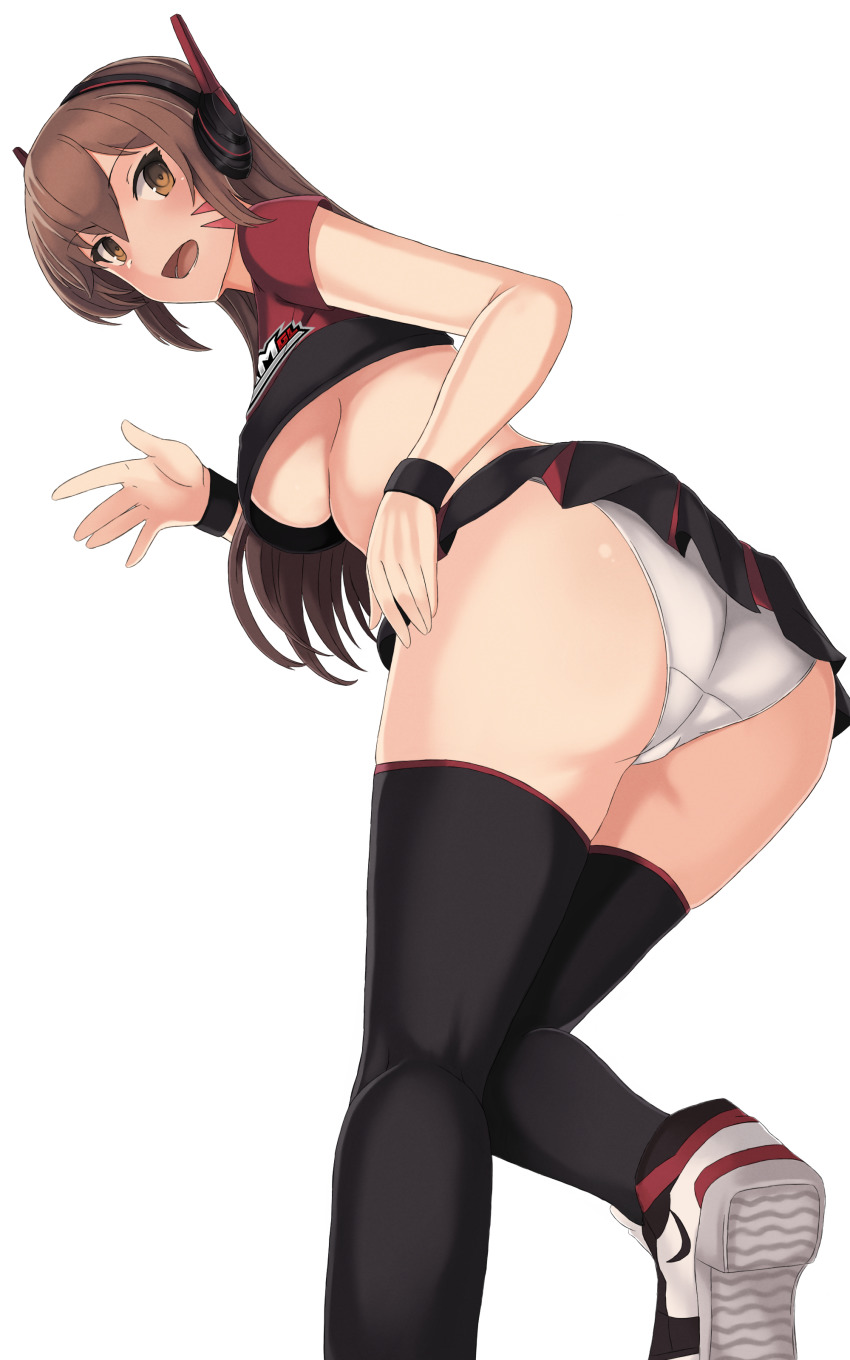 1girl, :d, absurdres, ass, black_shirt, black_skirt, breasts, brown_eyes