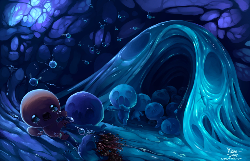 1boy, androgynous, artist_name, blue_skin, blue_theme, bug, cave, colored_skin, crying, falling, fly, hush_(the_binding_of_isaac), isaac_(the_binding_of_isaac), lying, male_focus, on_side, open_mouth, pink_skin, samolo, tears, the_binding_of_isaac, watermark, web_address