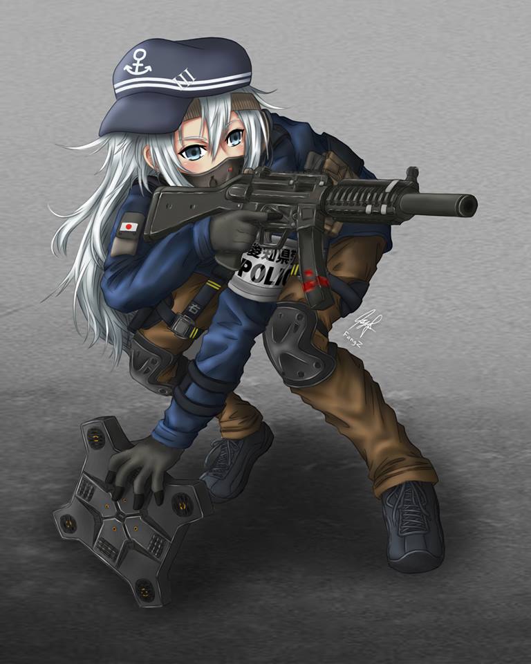 1girl, black_gloves, cosplay, echo_(rainbow_six_siege), echo_(rainbow_six_siege)_(cosplay), female_focus, flat_cap, gloves, gun, hat, hibiki_(kancolle), kantai_collection, mask, rainbow_six_siege, signature, solo, submachine_gun, tactical_clothes, weapon, white_hair