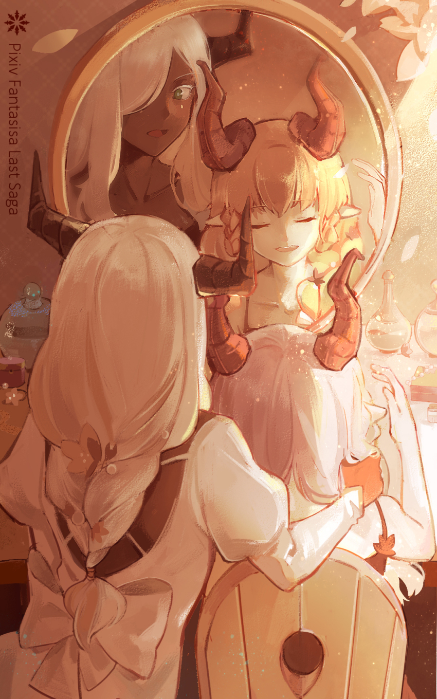 2girls, bad_id, bad_pixiv_id, blonde_hair, bottle, bow, chair, closed_eyes