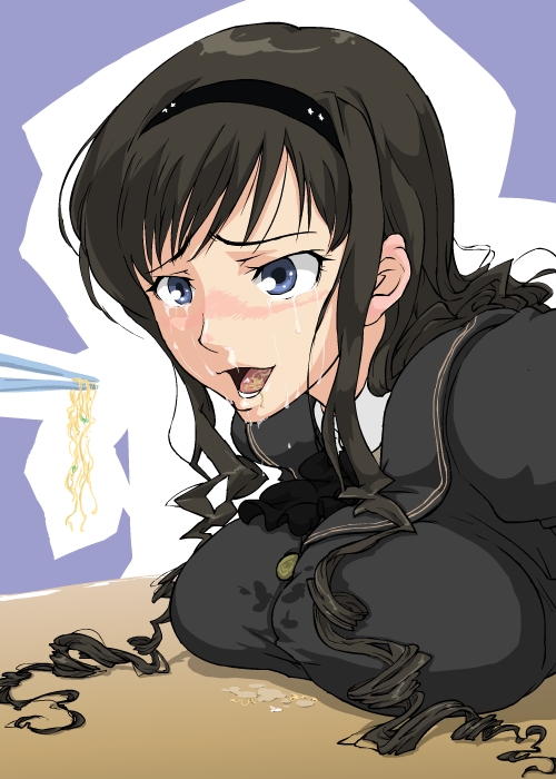 1girl, amagami, blazer, blue_eyes, blush, breast_press, breast_rest, breasts, curly_hair, feeding, female_focus, food, headband, jacket, kuma_kichi, large_breasts, long_hair, morishima_haruka, noodles, open_mouth, ramen, solo, tongue