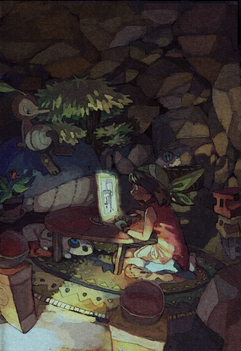 1girl, aron, carpet, dark, gen_3_pokemon, graphite_(medium), highres, may_(pokemon)