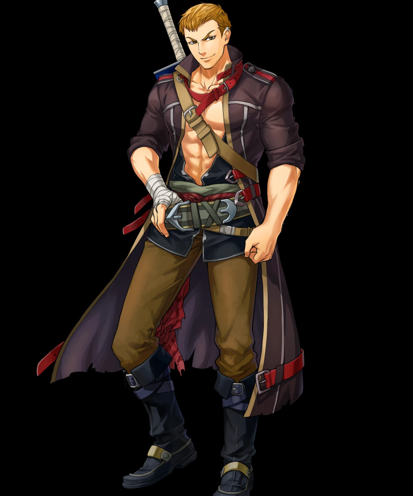 1boy, abs, axe, bandages, belt, blonde_hair, boots, brown_eyes
