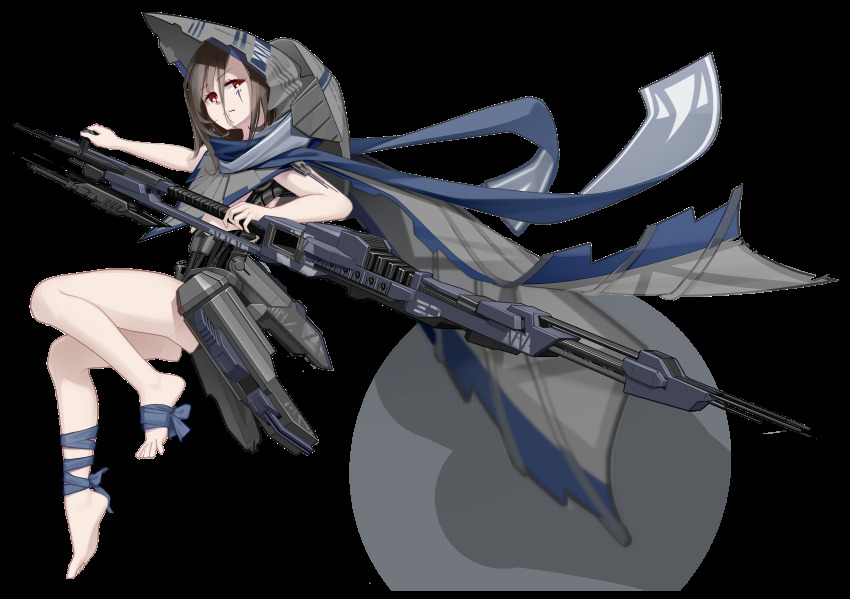 1girl, absurdres, animification, artist_name, bandages, barefoot, brown_hair, cape, character_name, commerce_guild_destroyer, facial_mark, full_body, grey_background, gun, hat, helmet, highres, mecha_musume, personification, red_eyes, rifle, star_wars, transparent_background, vectorek, weapon