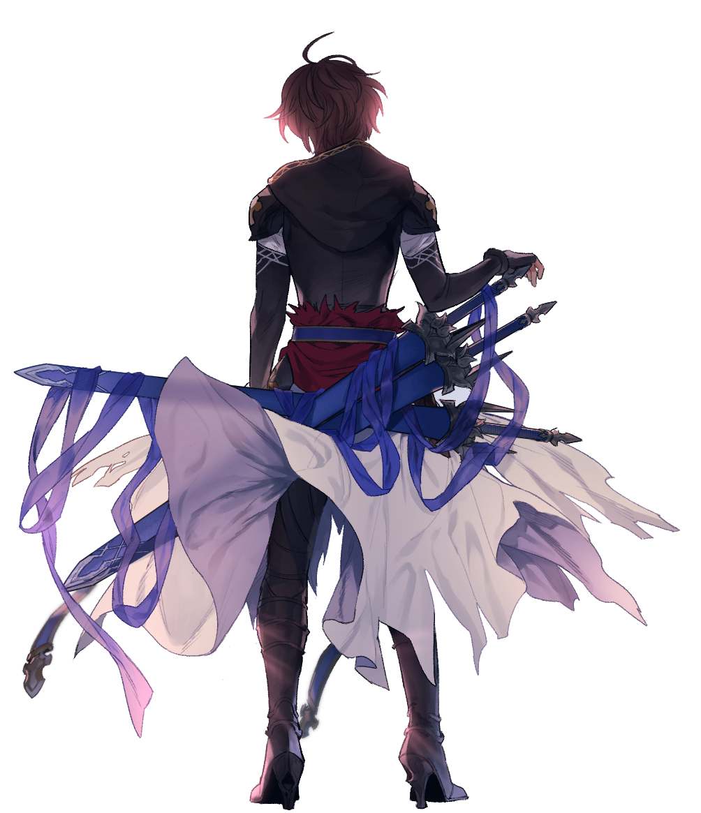 1boy, ahoge, back, brown_hair, gloves, granblue_fantasy, high_heels, hood