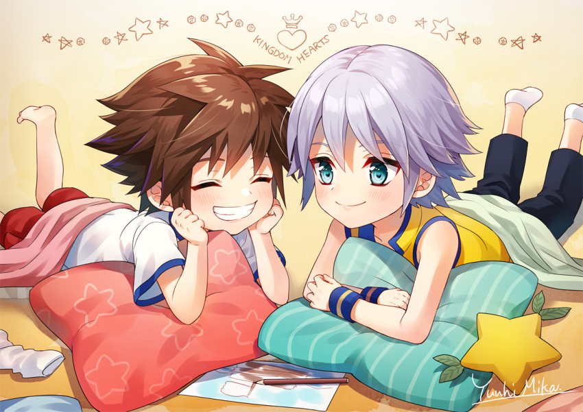 2boys, aqua_eyes, barefoot, blush, brown_hair, child's_drawing, copyright_name, closed_eyes