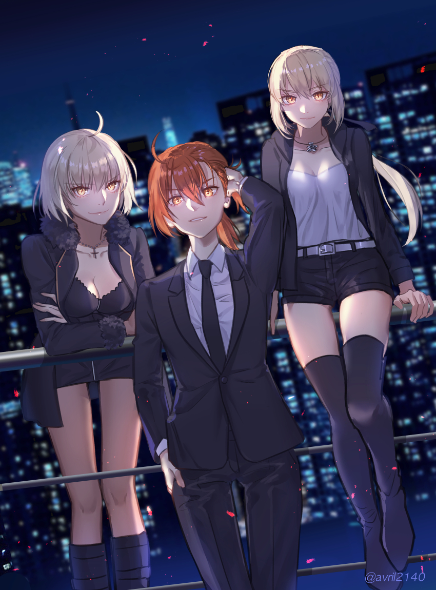 3girls, androgynous, artoria_pendragon_(fate), black_jacket, blonde_hair, coat, crossdressing, crossdressing_(ftm)
