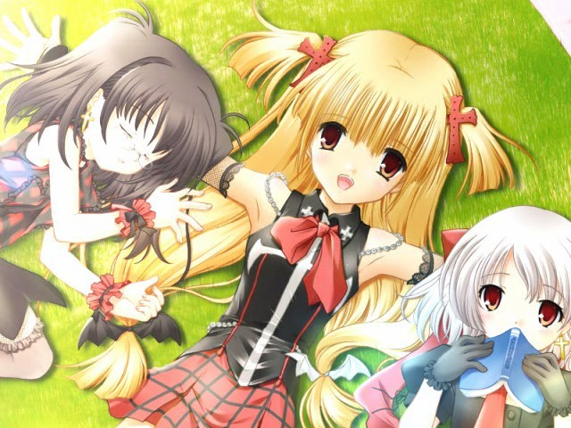 3girls, black_hair, blonde_hair, book, brown_eyes, dress, game_cg, glasses