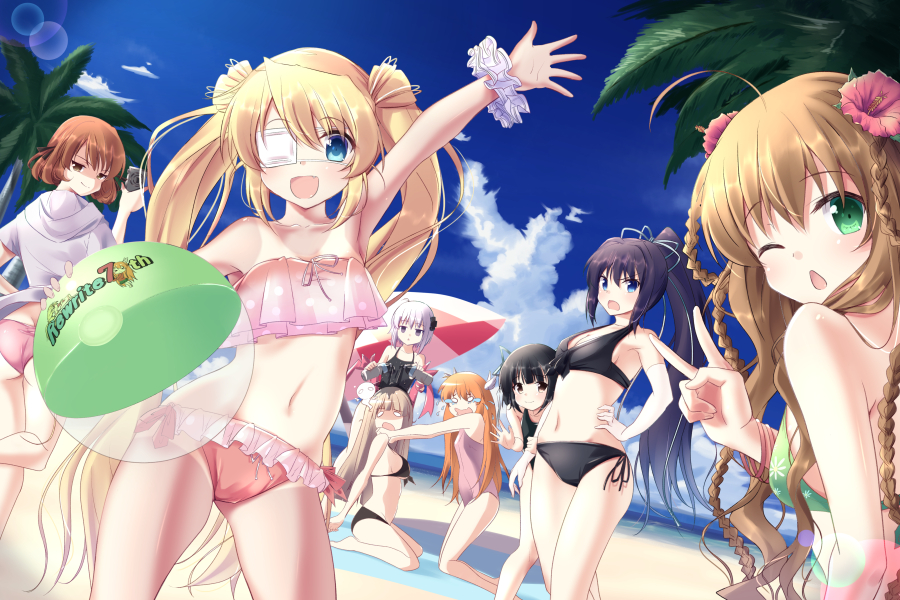 6+girls, ;o, arm_up, armpits, ass, ball, beachball, bent_over