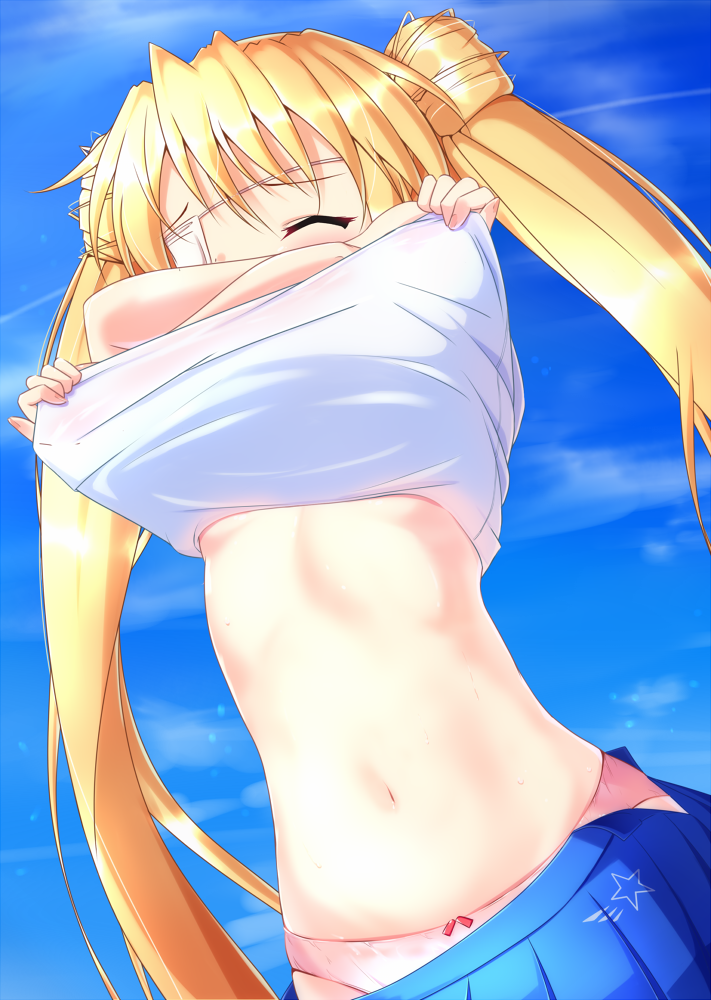 1girl, blonde_hair, blue_skirt, blue_sky, breasts, closed_eyes, clothes_lift, clothes_pull