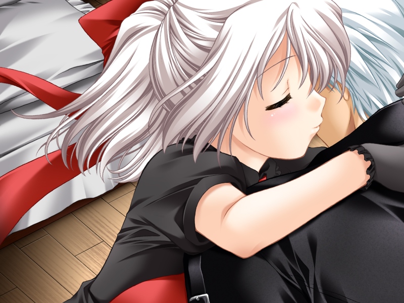 1boy, 1girl, closed_eyes, game_cg, gloves, hetero, hug, indoors