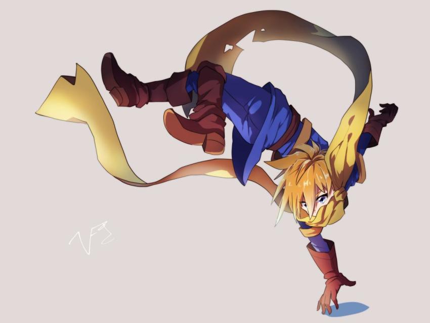 1boy, acrobatics, blonde_hair, blue_eyes, cape, full_body, gloves, golden_sun