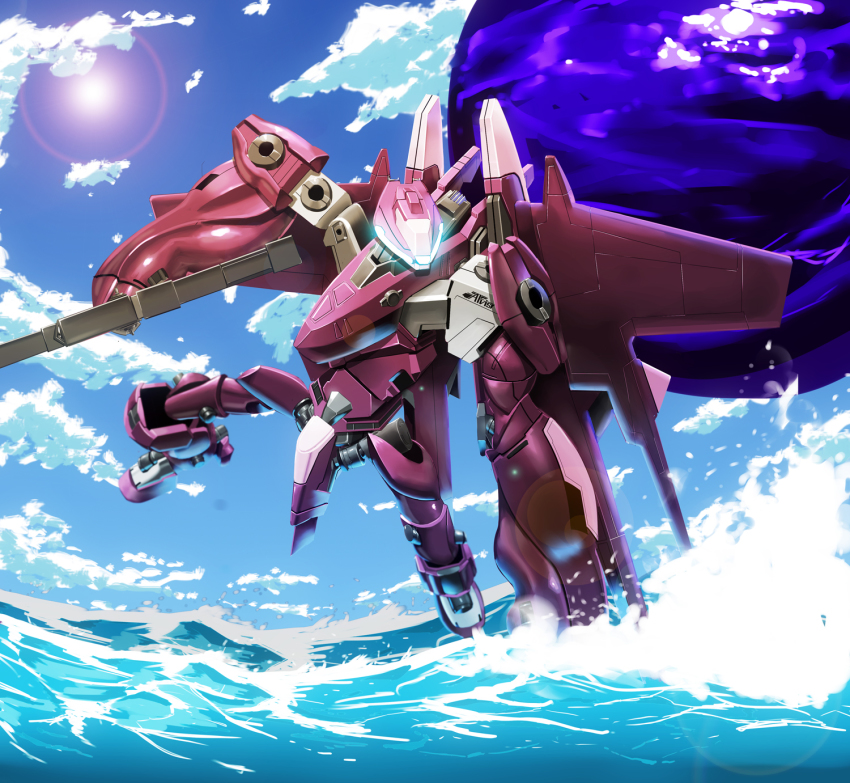 blue_sky, day, flying, gun, highres, holding, holding_gun, holding_weapon