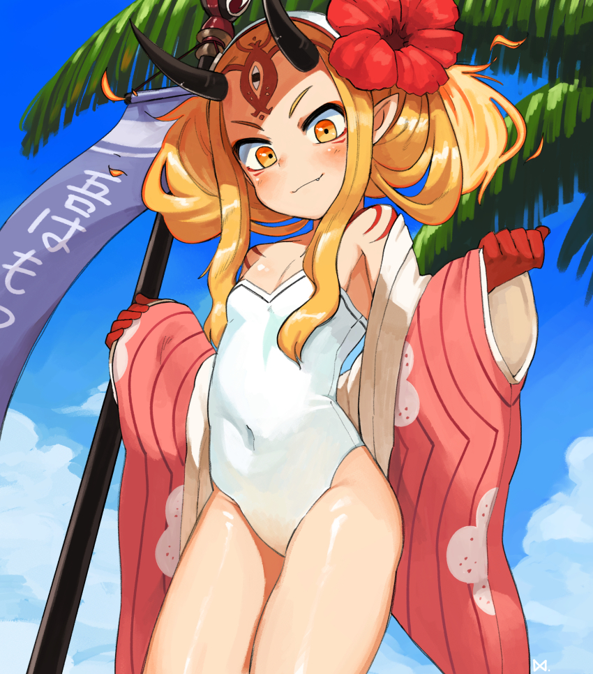 1girl, absurdres, bare_shoulders, blonde_hair, blue_sky, breasts, casual_one-piece_swimsuit, closed_mouth, cloud, cloudy_sky, commentary_request, day, facial_mark, fang, fang_out, fate/grand_order, fate_(series), female_focus, flower, forehead_mark, hair_flower, hair_ornament, hairband, head_tilt, highres, horns, ibaraki_douji_(fate), ibaraki_douji_(swimsuit_lancer)_(fate), ibaraki_douji_(swimsuit_lancer)_(second_ascension)_(fate), lakilolom, long_hair, long_sleeves, one-piece_swimsuit, oni, oni_horns, outdoors, pinching_sleeves, red_flower, sidelocks, sky, sleeves_past_wrists, small_breasts, smile, solo, strapless, strapless_one-piece_swimsuit, swimsuit, white_hairband, white_one-piece_swimsuit, wide_sleeves
