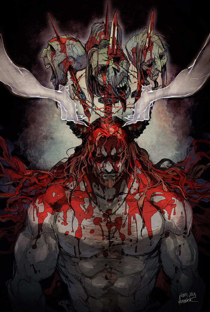 1boy, akagishi_k, beard, blood, blood_on_face, brown_hair, disembodied_hand, eric_bloodaxe_(fate)