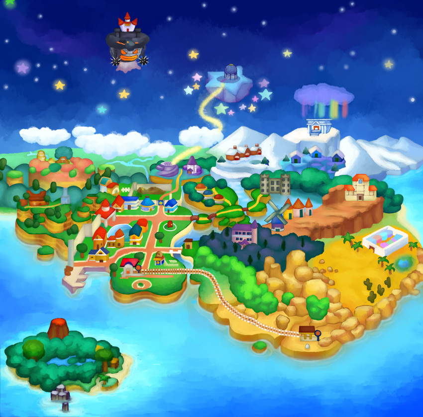 castle, commission, desert, forest, highres, island, mansion, map, mario_(series), muzyoshi, nature, nintendo, ocean, paper_mario, paper_mario_64, railroad_tracks, snow, town, tree