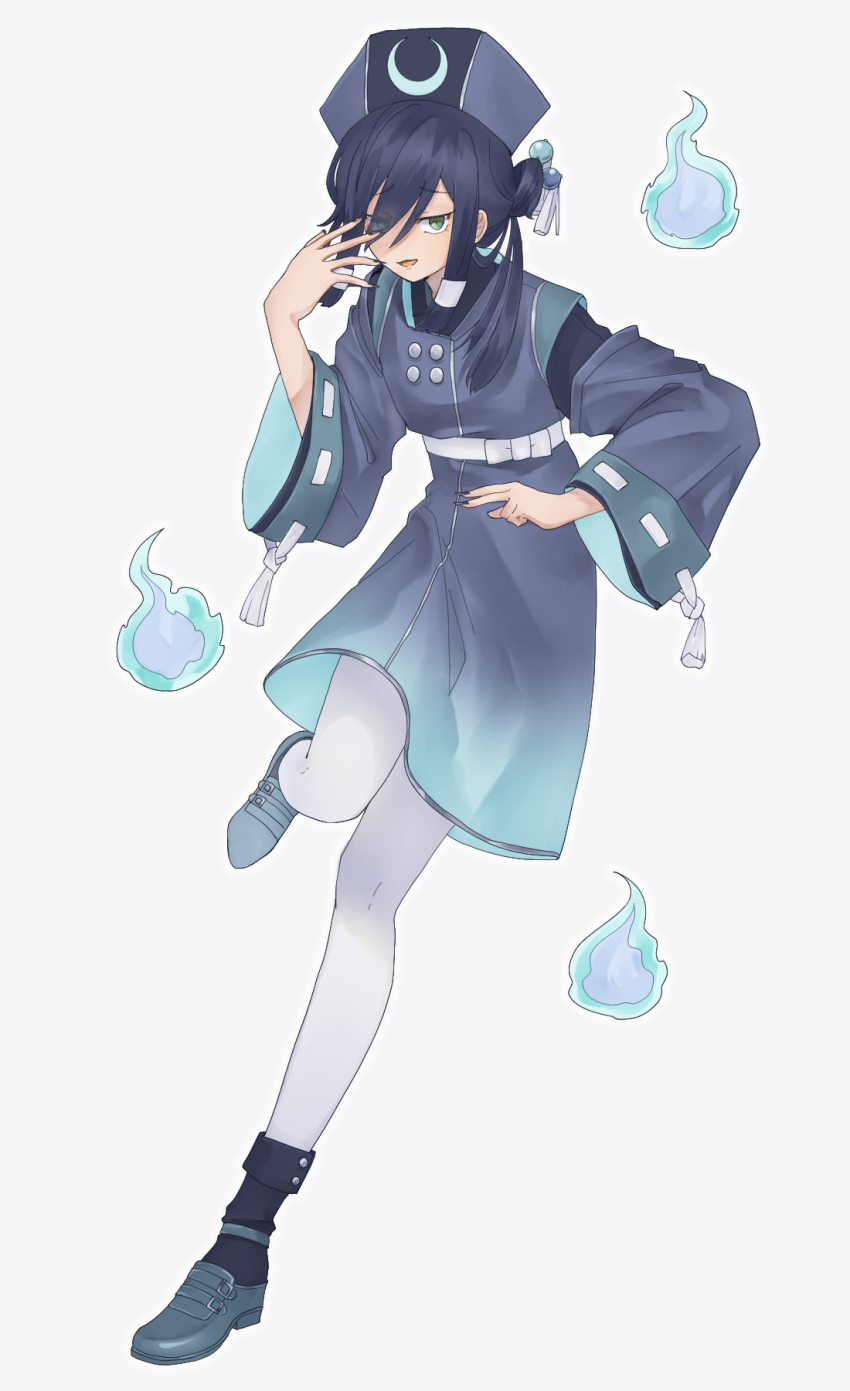 1boy, black_hair, black_hat, black_nails, black_socks, eyes_visible_through_hair, fuguve, full_body, green_eyes, hair_ornament, hair_over_one_eye, hand_up, hat, highres, hitodama, male_focus, medium_hair, nail_polish, original, pantyhose, simple_background, smile, smirk, socks, socks_over_pantyhose, solo, standing, standing_on_one_leg, white_background, white_pantyhose, wide_sleeves