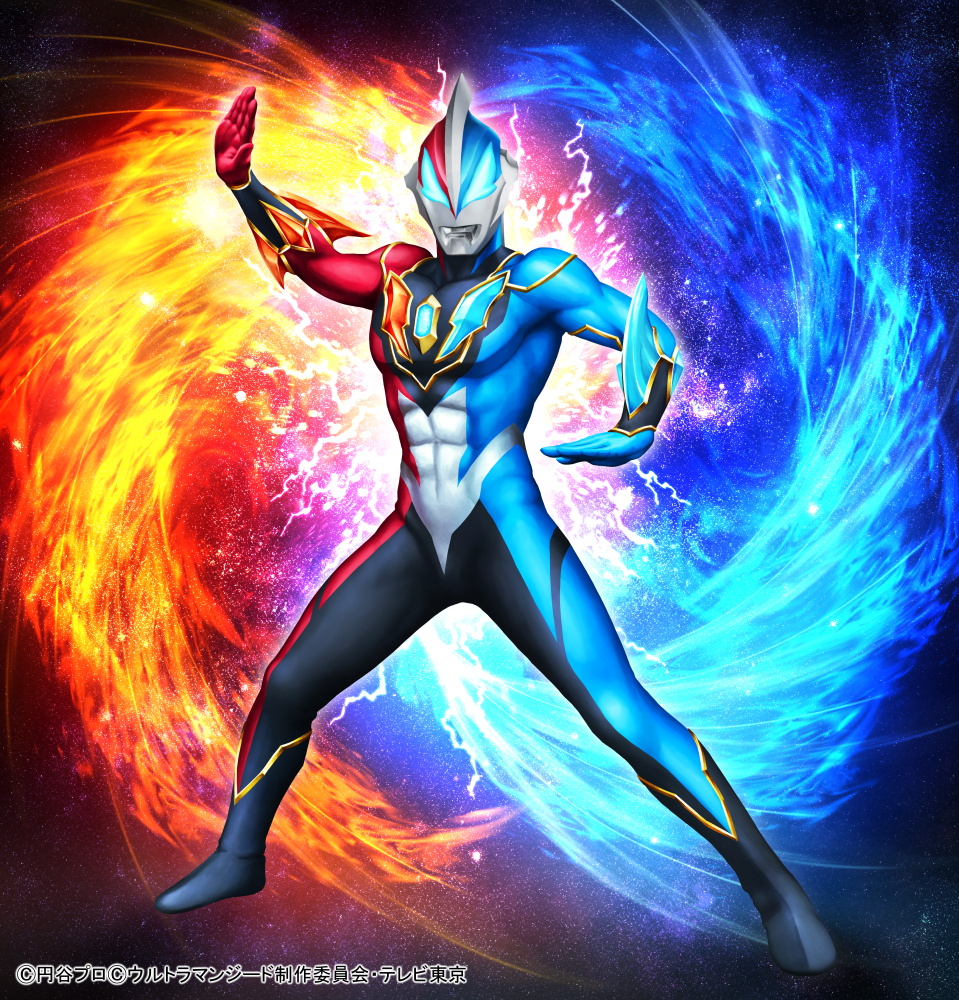 1boy, bodysuit, fighting_stance, full_body, hand_up, kuniyasu_ikki, male_focus, mask, muscular, official_art, solo, standing, ultra_series, ultraman_fusion_fight!, ultraman_geed_(series), watermark