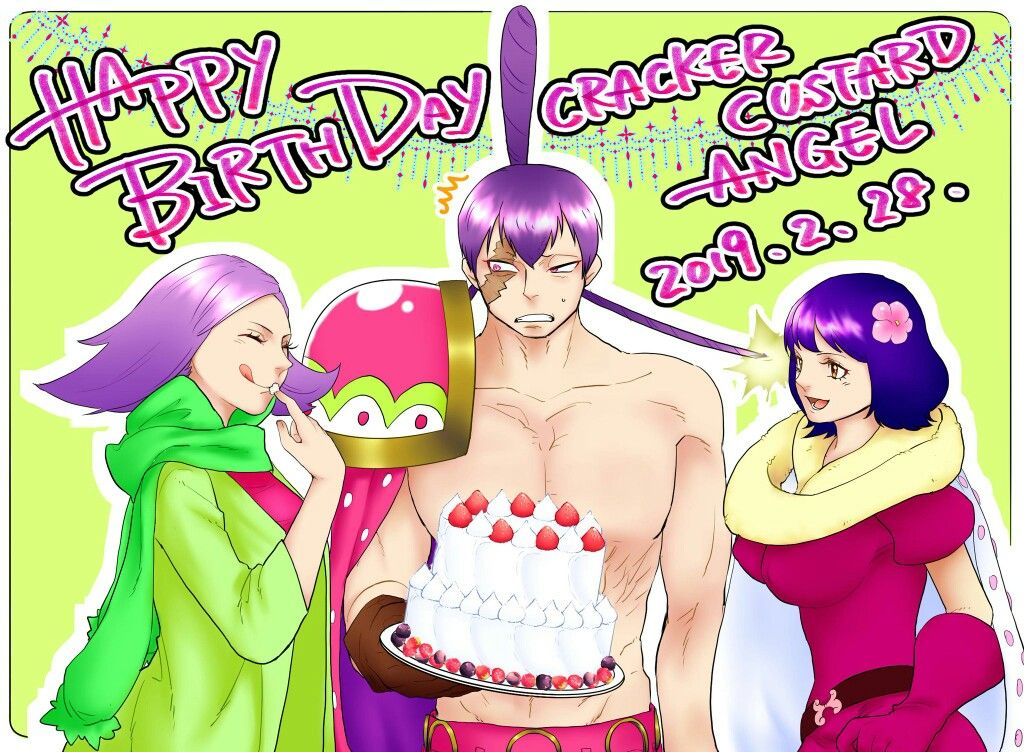 1boy, 2girls, brother_and_sister, cake, charlotte_angel, charlotte_cracker, charlotte_custard, food