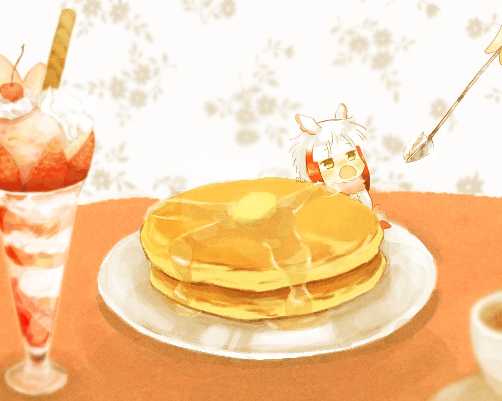 1girl, butter, chibi, commentary_request, feeding, food, head_wings, japanese_crested_ibis_(kemono_friends)