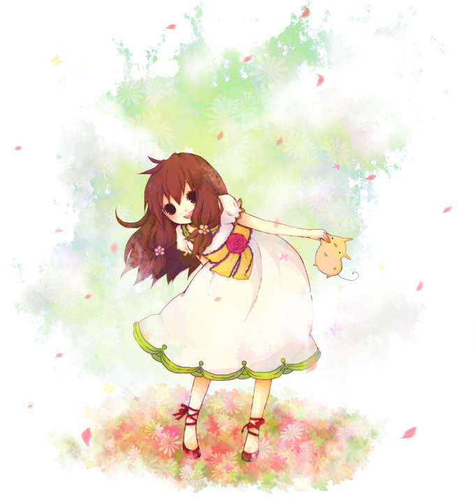1st-mn, blush, brown_hair, dress, flower, happy, petals, solo