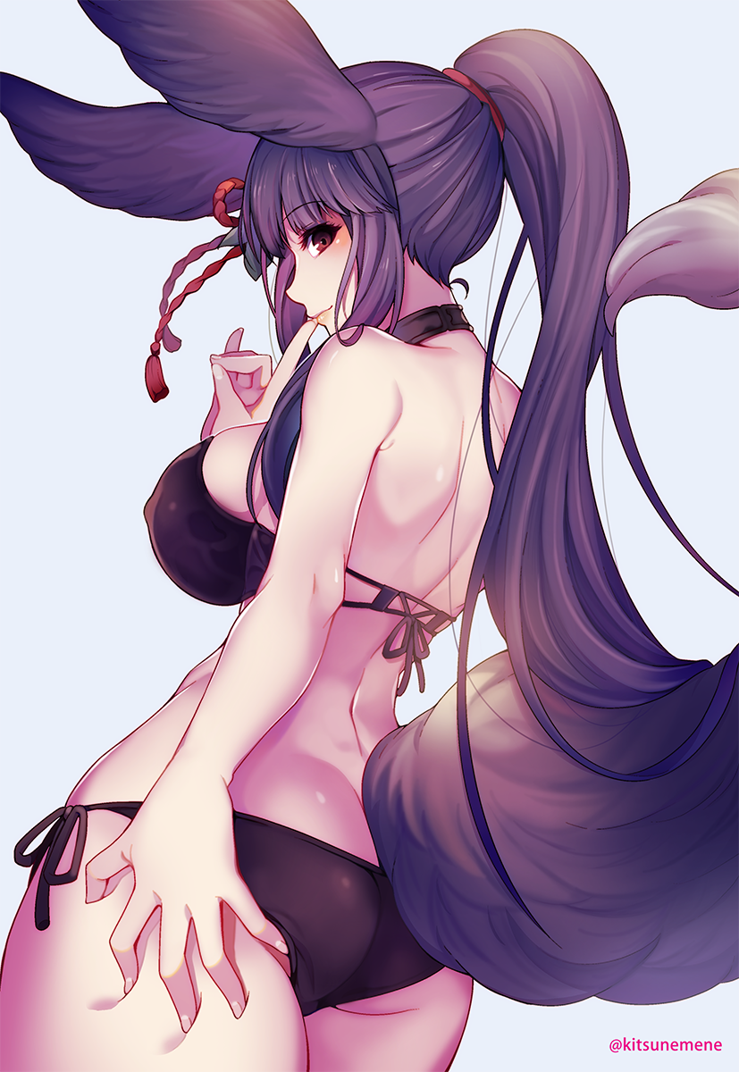 1girl, animal_ears, ass, bikini, black_bikini, blue_background, breasts, butt_crack