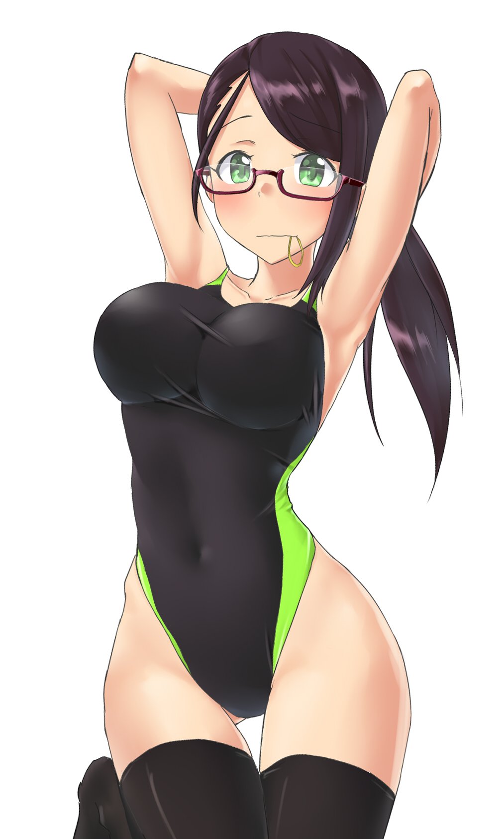 1girl, aimobake, armpits, arms_behind_head, arms_up, bad_id, bad_twitter_id, bespectacled