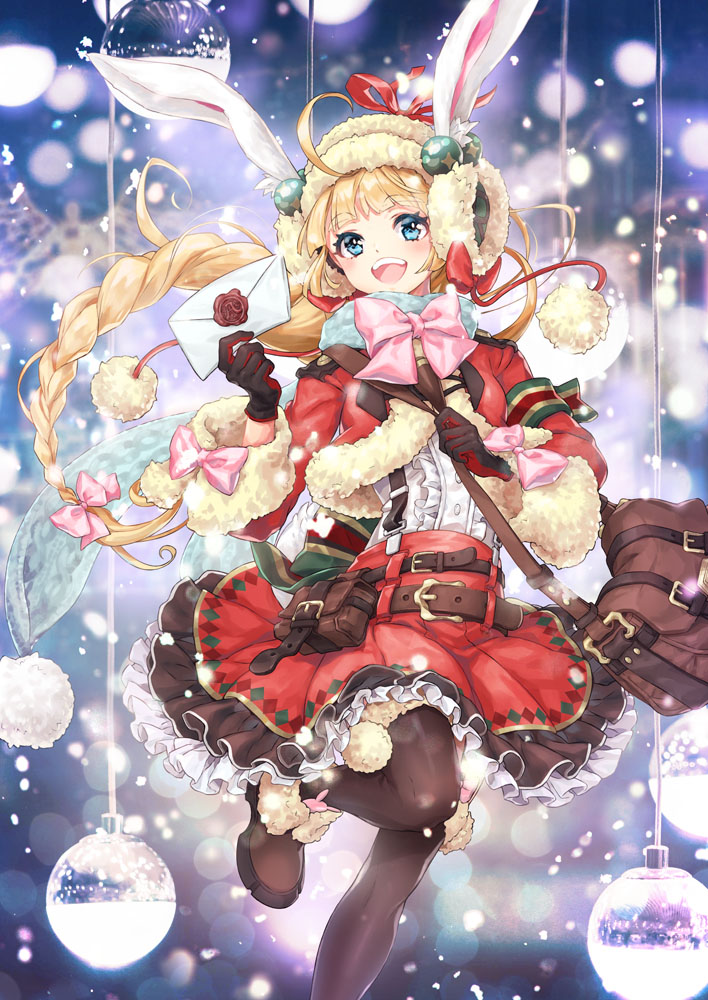 1girl, ahoge, animal_ears, animal_hat, bag, belt, belt_buckle, belt_pouch