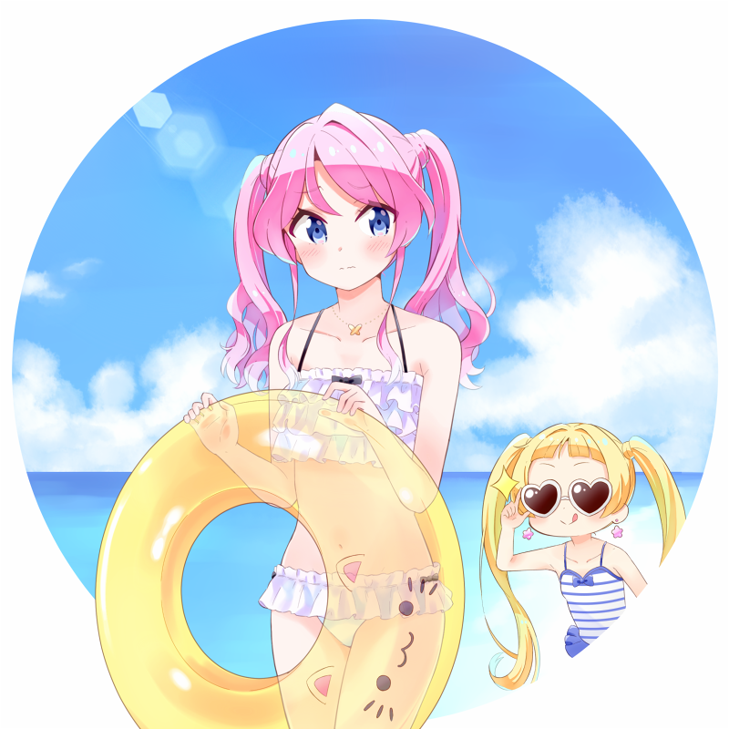 2girls, :3, :q, adjusting_eyewear, aikatsu!_(series), aikatsu_friends!, beach, bikini