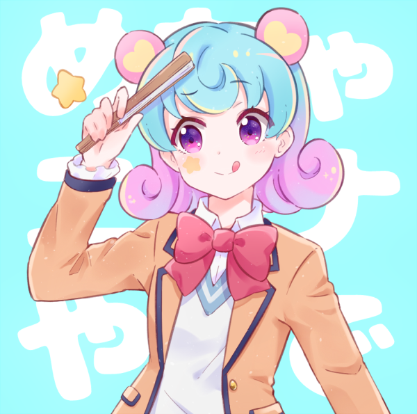 1girl, :q, aikatsu!, aikatsu!_(series), animal_ears, bear_ears, blue_background, blue_hair