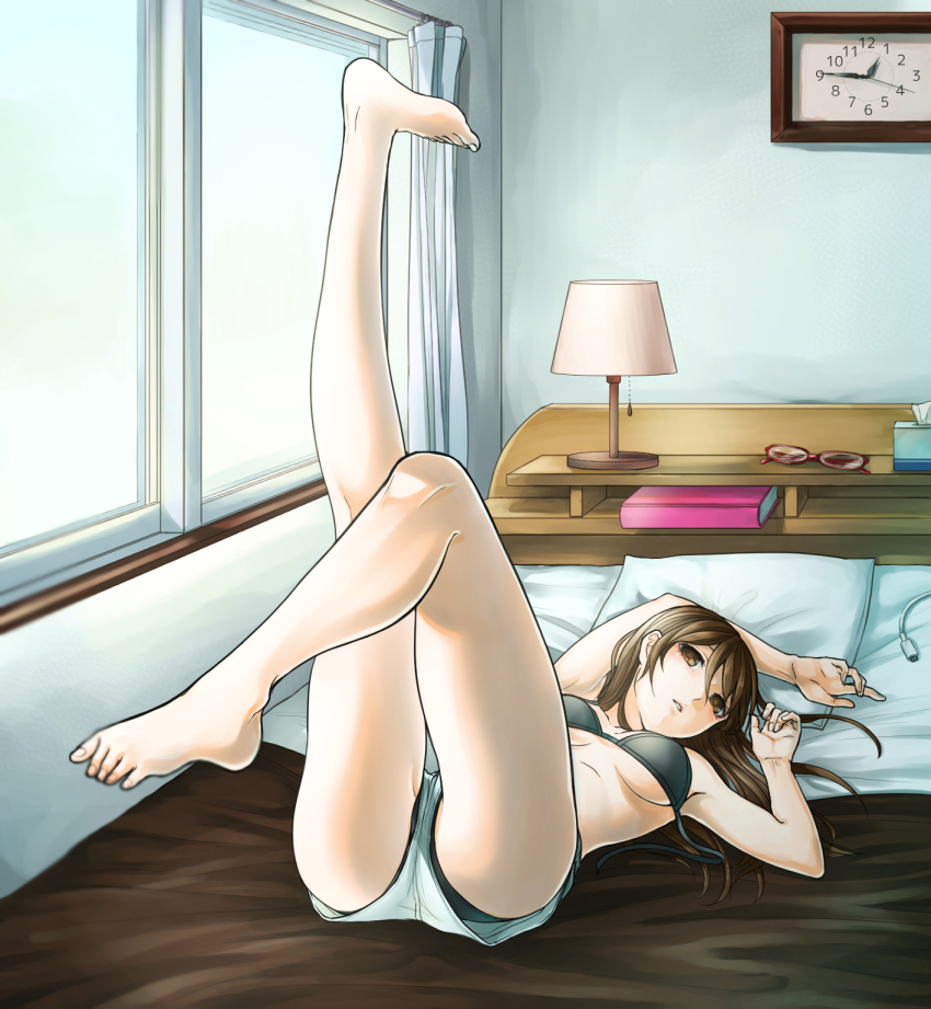 1girl, barefoot, bed, bedroom, bikini, black_bikini, breasts, brown_eyes