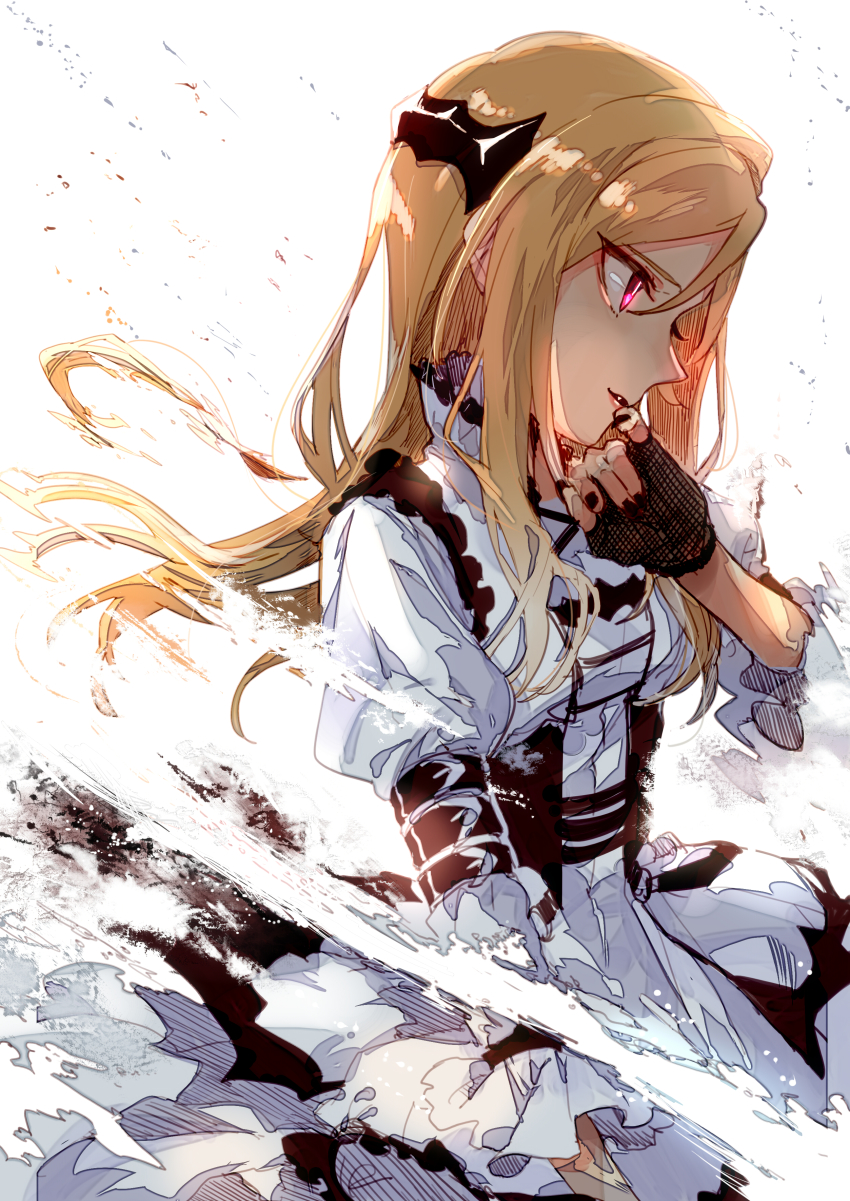 1girl, absurdres, black_gloves, black_nails, blonde_hair, dress, female_focus, fingerless_gloves