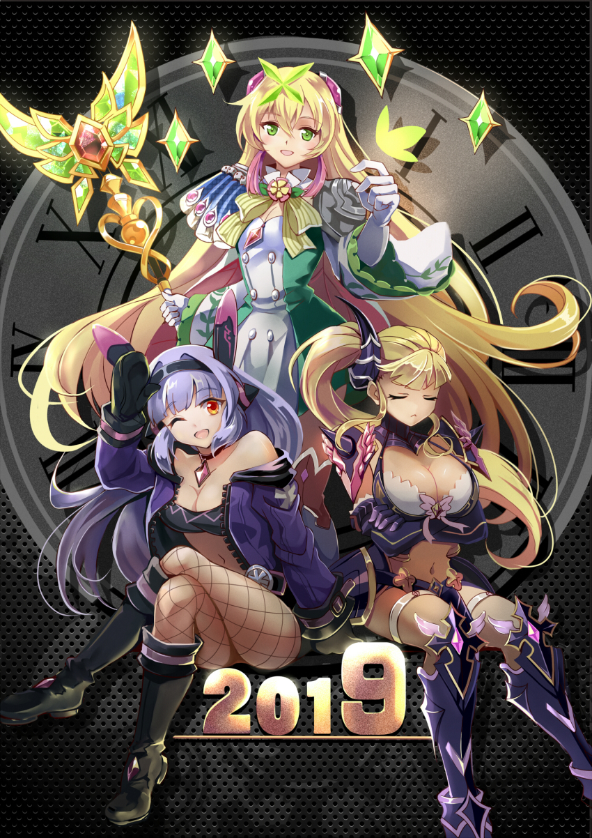 2019, :<, arm_support, armor, armored_boots, black_choker, black_footwear, black_hairband, black_mittens, blonde_hair, boots, breasts, bug, butterfly, challenger_dominiel_(epic_seven), choker, cleavage, clock, commander_lorina_(epic_seven), crop_top, crossed_arms, destina_(epic_seven), epic_seven, closed_eyes, faulds, fishnet_legwear, fishnets, gloves, green_eyes, green_neckwear, hair_ornament, hairband, highres, jacket, large_breasts, crossed_legs, light_purple_hair, long_hair, long_sleeves, lreliax, mittens, navel, one_eye_closed, open_clothes, open_jacket, open_mouth, pauldrons, pelvic_curtain, purple_armor, purple_gloves, purple_jacket, red_eyes, roman_numeral, shoulder_armor, side_ponytail, sitting, smile, staff, thigh_boots, thigh_strap, thighhighs, very_long_hair, white_gloves, zipper