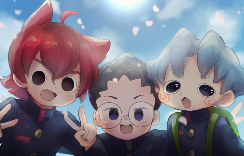 3boys, backpack, bag, black_hair, blue_hair, blue_sky, double_v, eiga_youkai_watch_jam:_youkai_gakuen_y_-_neko_wa_hero_ni_nareru_ka, gakuran, glasses, highres, jibanyan, komasan, male_focus, multiple_boys, nebumochi, personification, round_eyewear, school_uniform, sky, v, youkai_watch, youkai_watch_jam:_youkai_gakuen_y