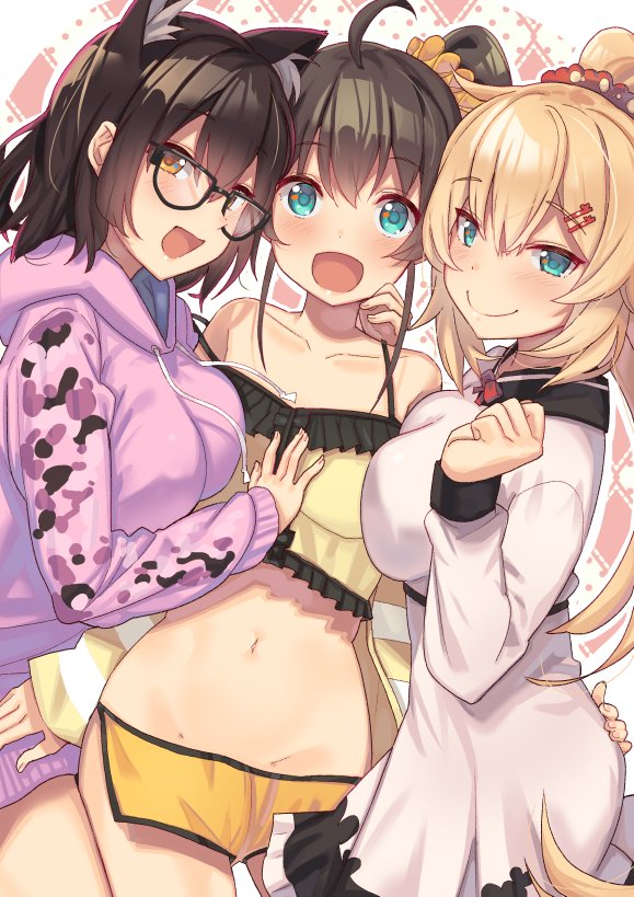 3girls, ahoge, akai_haato, akai_haato_(loungewear), animal_ears, bespectacled, black_hair, blonde_hair, blue_eyes, breasts, breasts_squeezed_together, brown_hair, collarbone, commentary_request, glasses, hair_ornament, hairclip, hololive, jacket, large_breasts, long_hair, midriff, multiple_girls, natsuiro_matsuri, natsuiro_matsuri_(matsuri's_day_off), naughty_face, navel, open_mouth, ponytail, roboco-san, roboco-san_(hoodie), scrunchie, short_hair, shorts, side_ponytail, small_breasts, smile, tonarikeru, virtual_youtuber, yellow_eyes