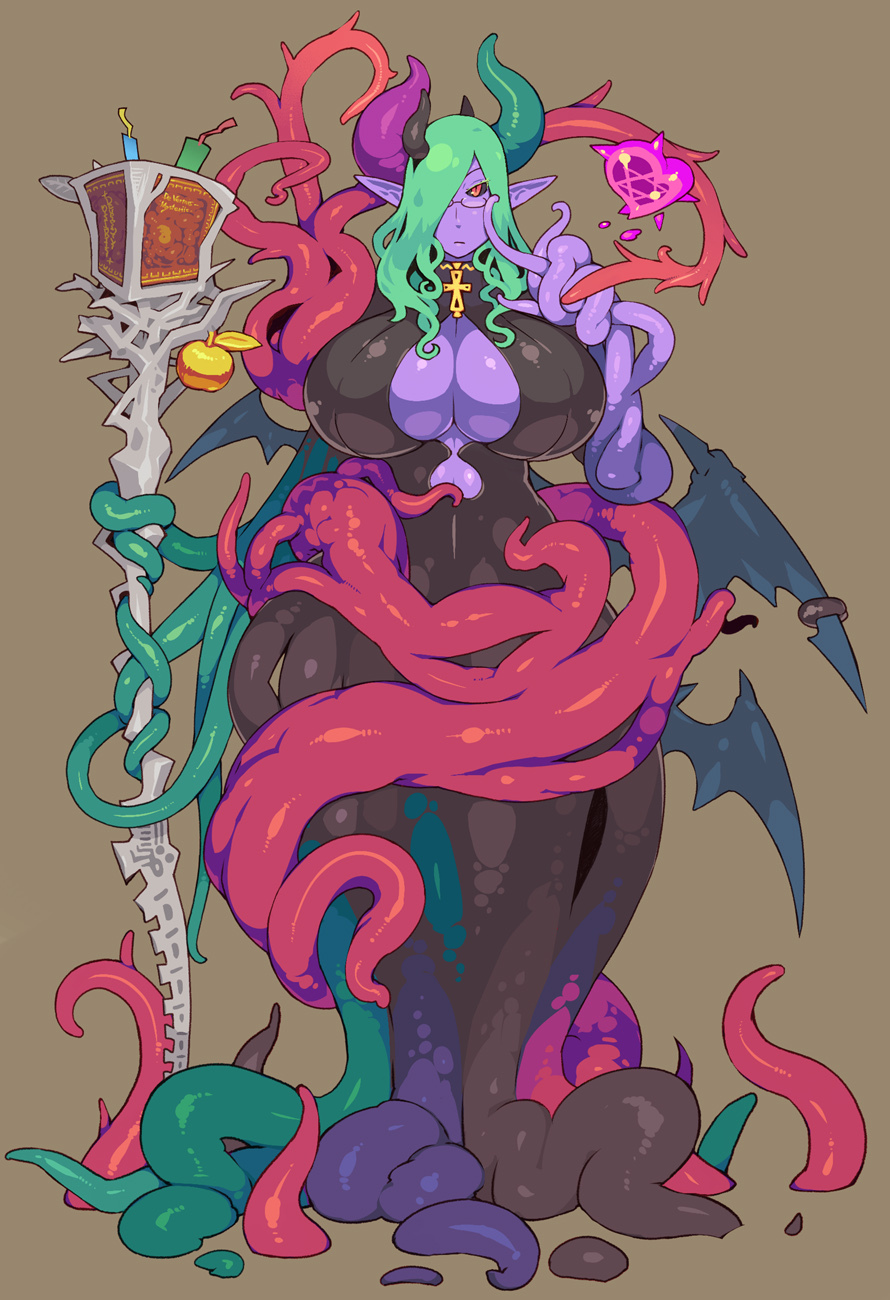1girl, apple, bat_wings, black_horns, black_sclera, book, bookmark, breasts, brown_background, cleavage, closed_mouth, colored_sclera, colored_skin, cross, demon_girl, female_focus, food, fruit, glasses, golden_apple, green_horns, hair_over_one_eye, heart, highres, holding, horns, huge_breasts, jewelry, kokuko_(tsukiyotake), monster_girl, navel, original, pointy_ears, purple_horns, purple_skin, red_eyes, ring, simple_background, solo, staff, standing, tentacles, wings